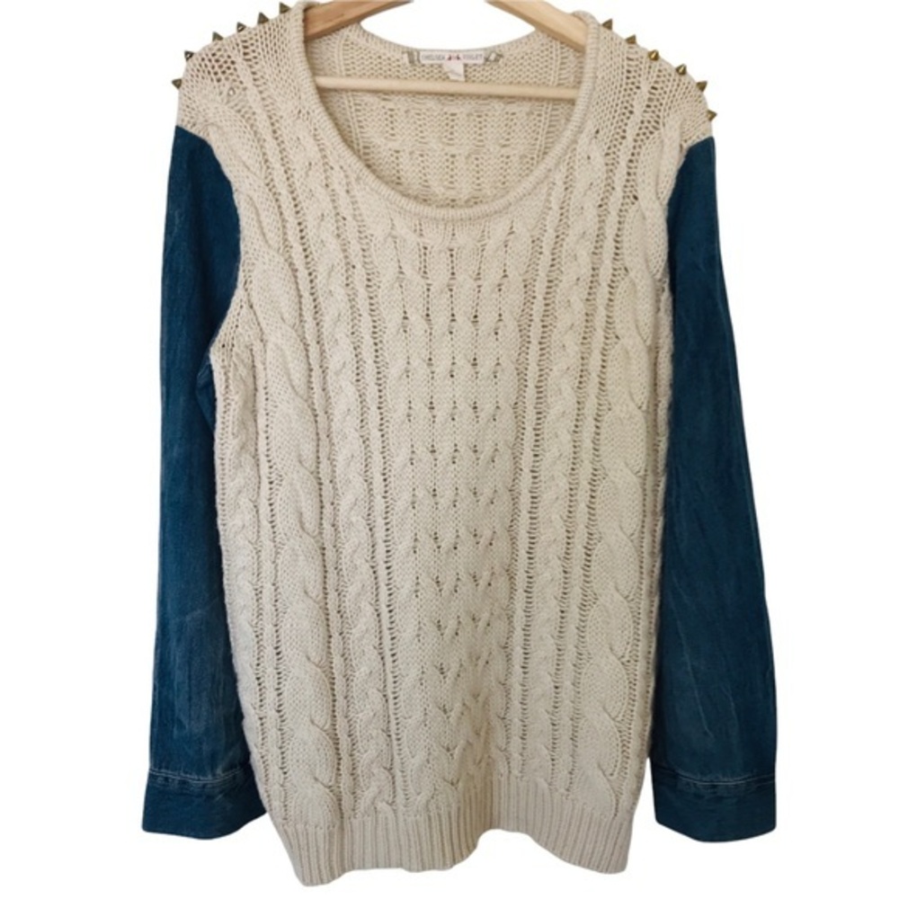 Chelsea & Violet L Cable Knit Studded Sweater with denim‎ sleeves